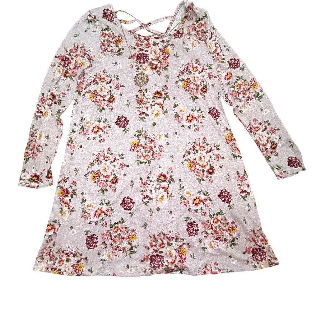 Just Be Floral Long Sleeve Tunic Top L Pink Strappy Crisscross Back Mini Dress